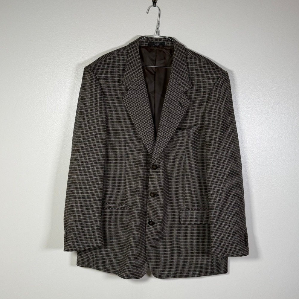 Petrocelli Sport Coat Mens 46R Brown 100% Lambswool Micro Check 3-Button Blazer